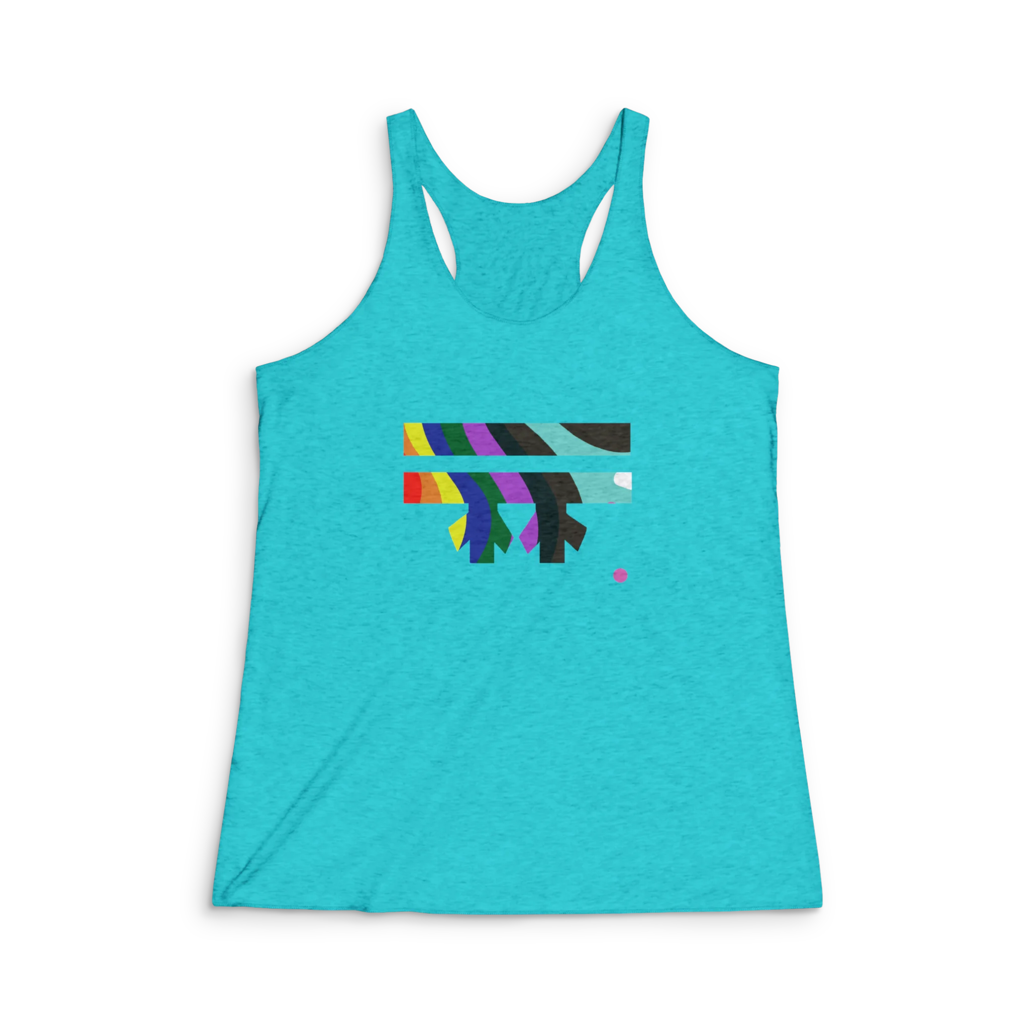 Tahiti blue tri-blend racerback tank, abstract rainbow wave FREEBRD graphic, slim fit, front view.
