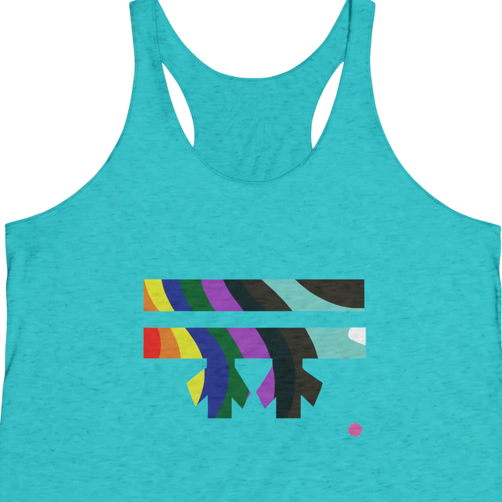 Close-up front view of Tahiti blue FREEBRD rainbow wave racerback tank, abstract rainbow graphic detail, slim fit.