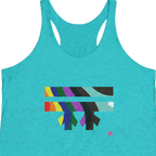 Close-up front view of Tahiti blue FREEBRD rainbow wave racerback tank, abstract rainbow graphic detail, slim fit.