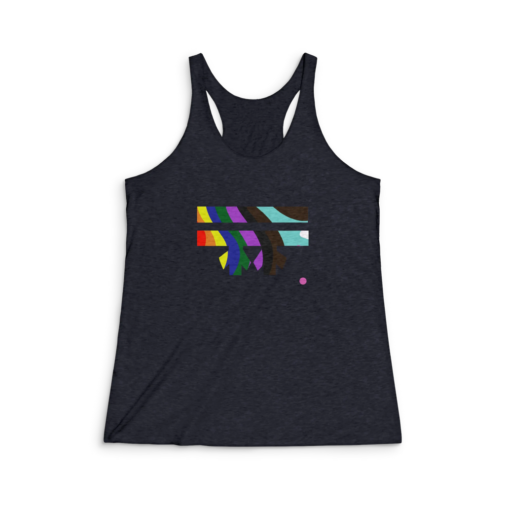 Vintage black tri-blend racerback tank, abstract rainbow wave FREEBRD graphic, slim fit, front view.
