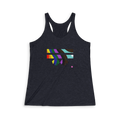 Vintage black tri-blend racerback tank, abstract rainbow wave FREEBRD graphic, slim fit, front view.
