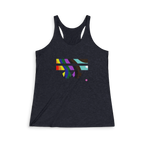 Vintage black tri-blend racerback tank, abstract rainbow wave FREEBRD graphic, slim fit, front view.
