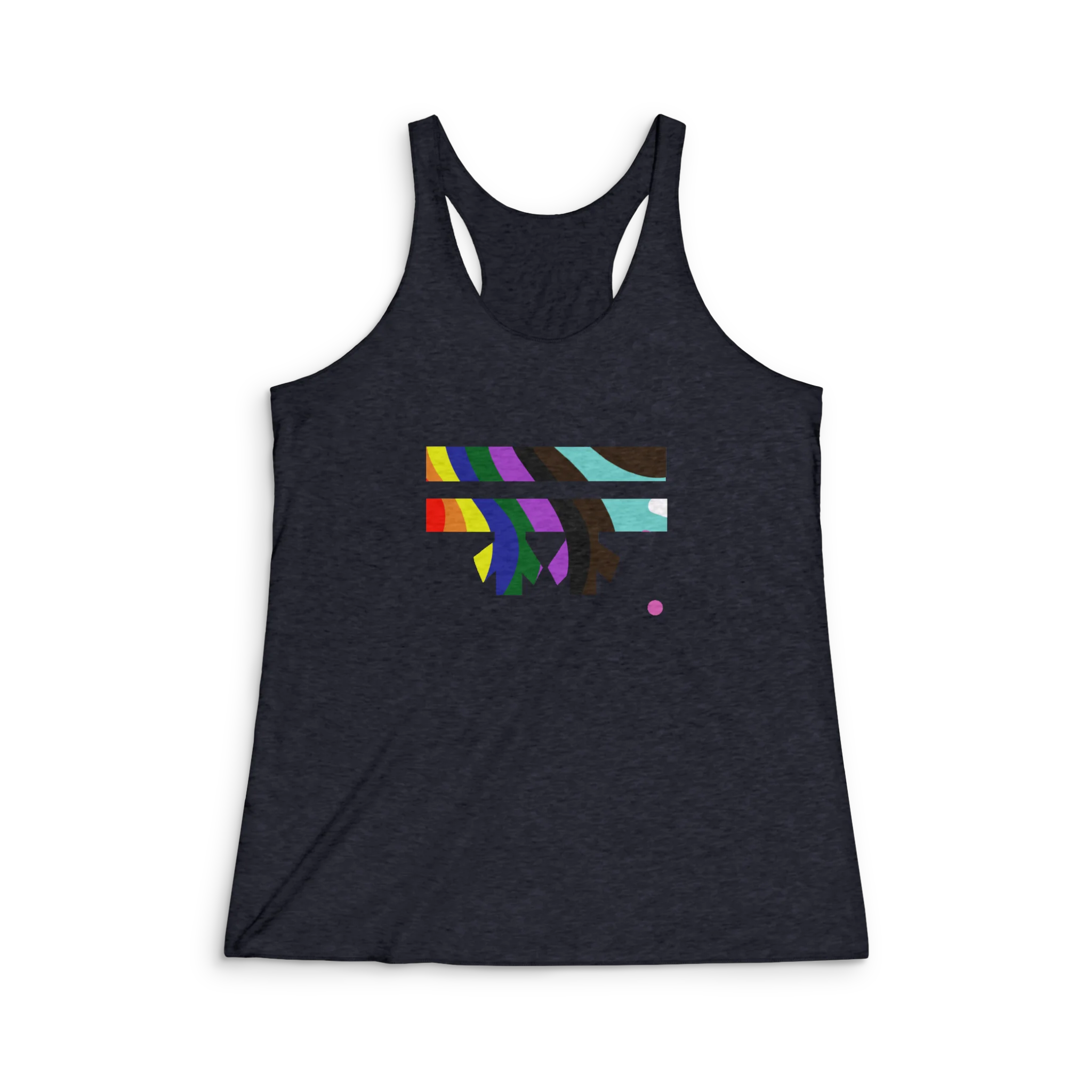 Vintage black tri-blend racerback tank, abstract rainbow wave FREEBRD graphic, slim fit, front view.
