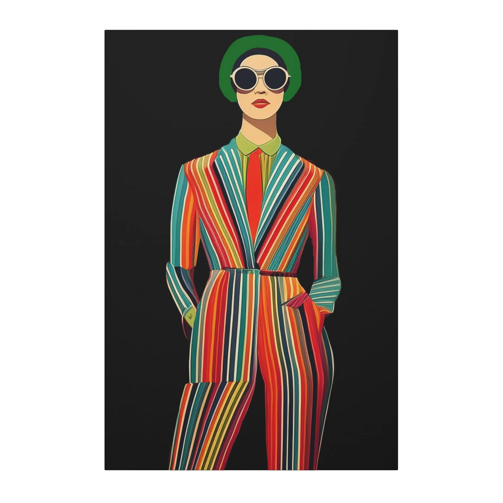 A front view of the Freebrd "Retro Fashionista Chic Portrait" Vector Mod Pop Art design on a 24" x 36" (Vertical) 1.25" inch thick canvas showing a stylish retro chick wearing a pinstripe suit, red tie and circle sunglasses.