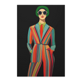 A front view of the Freebrd "Retro Fashionista Chic Portrait" Vector Mod Pop Art design on a 24" x 36" (Vertical) 1.25" inch thick canvas showing a stylish retro chick wearing a pinstripe suit, red tie and circle sunglasses.