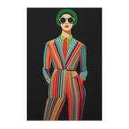 A front view of the Freebrd "Retro Fashionista Chic Portrait" Vector Mod Pop Art design on a 24" x 36" (Vertical) 1.25" inch thick canvas showing a stylish retro chick wearing a pinstripe suit, red tie and circle sunglasses.