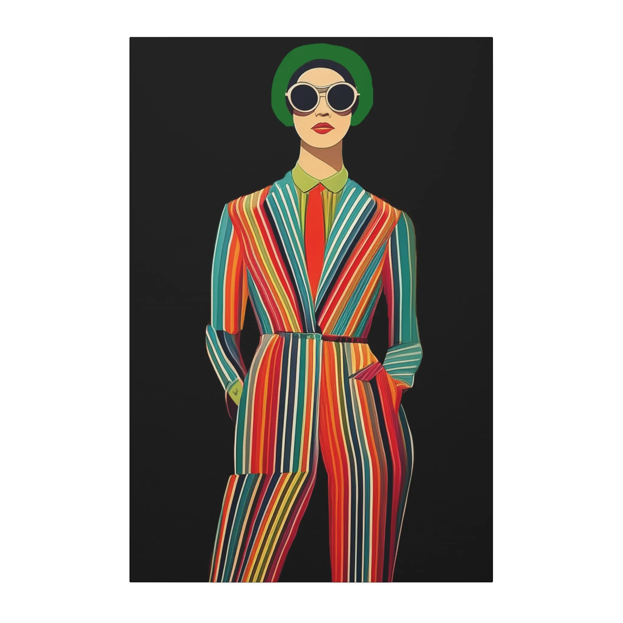 A front view of the Freebrd "Retro Fashionista Chic Portrait" Vector Mod Pop Art design on a 24" x 36" (Vertical) 1.25" inch thick canvas showing a stylish retro chick seating a pinstripe suit, red tie and circle sunglasses. 