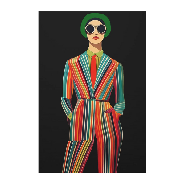 A front view of the Freebrd "Retro Fashionista Chic Portrait" Vector Mod Pop Art design on a 24" x 36" (Vertical) 1.25" inch thick canvas showing a stylish retro chick wearing a pinstripe suit, red tie and circle sunglasses.