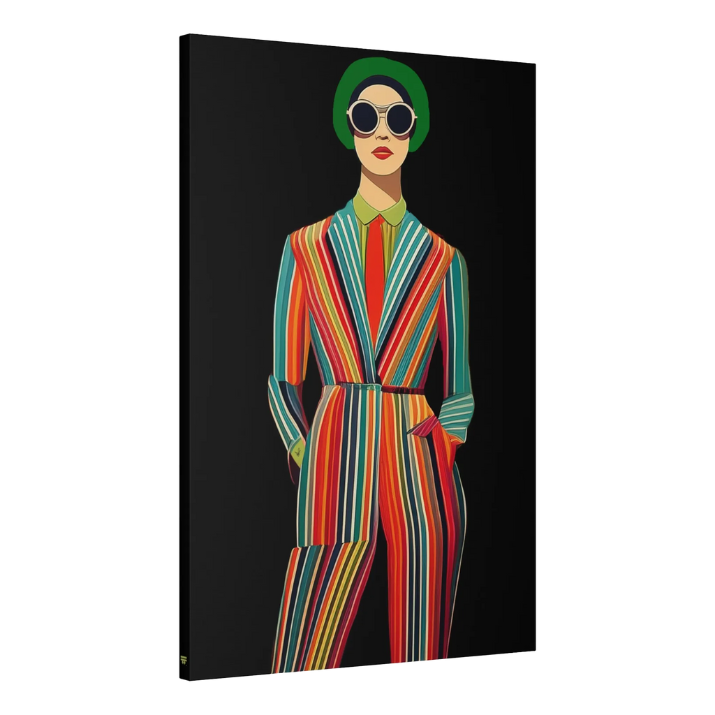 A side view of the Freebrd "Retro Fashionista Chic Portrait" Vector Mod Pop Art design on a 24" x 36" (Vertical) 1.25" inch thick canvas showing a stylish retro chick wearing a pinstripe suit, red tie and circle sunglasses.
