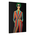 A side view of the Freebrd "Retro Fashionista Chic Portrait" Vector Mod Pop Art design on a 24" x 36" (Vertical) 1.25" inch thick canvas showing a stylish retro chick wearing a pinstripe suit, red tie and circle sunglasses.