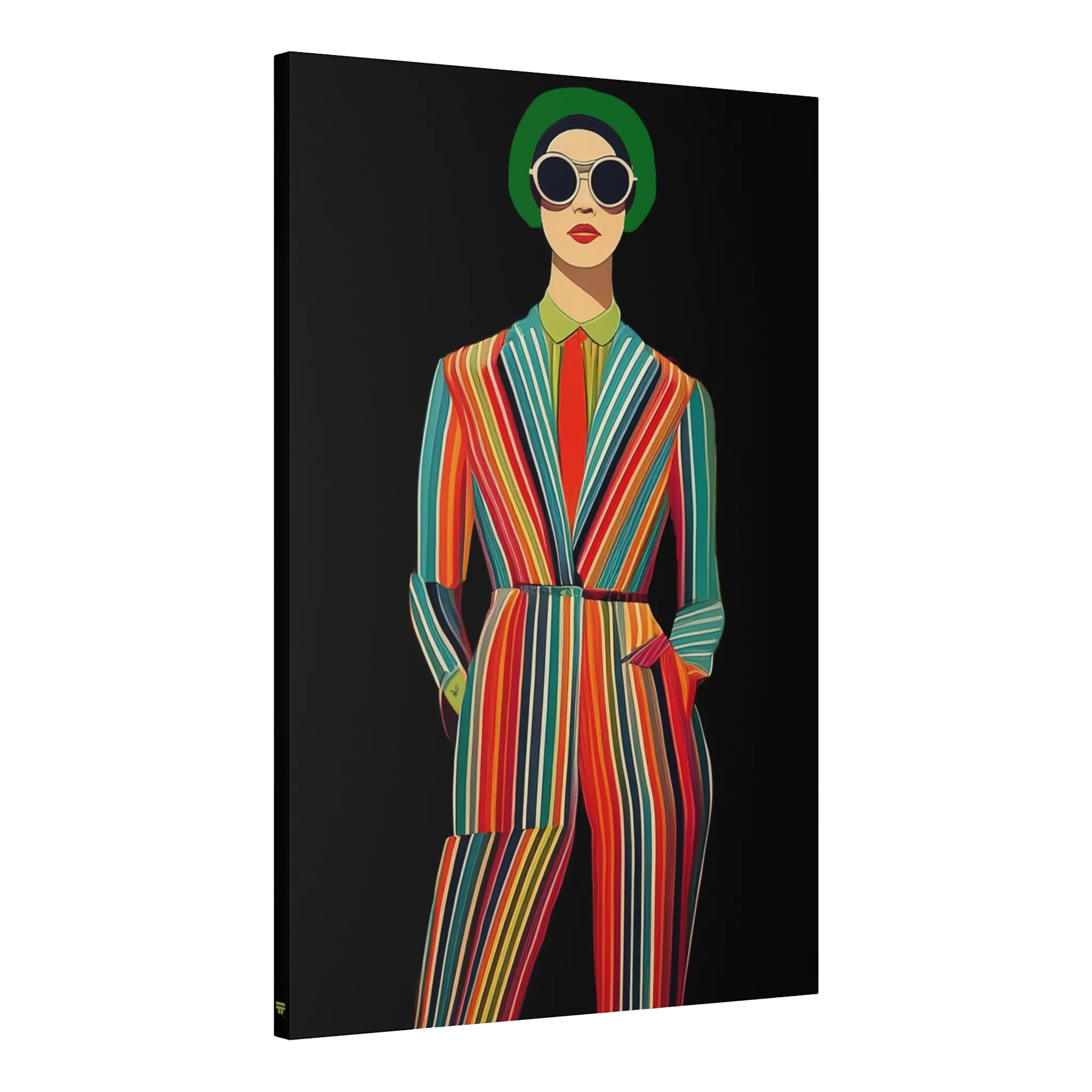 A side view of the Freebrd "Retro Fashionista Chic Portrait" Vector Mod Pop Art design on a 24" x 36" (Vertical) 1.25" inch thick canvas showing a stylish retro chick seating a pinstripe suit, red tie and circle sunglasses. 