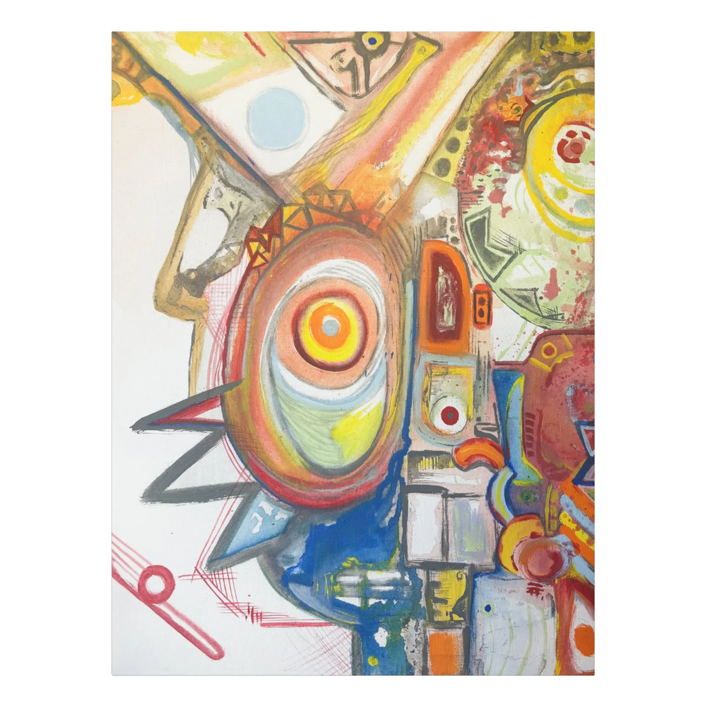 A front preview of the FREEBRD "Sky Man" contemporary abstract 36 x 48 canvas art with a 1.25 in thickness displaying primary shades of red, yellow blues and greens.