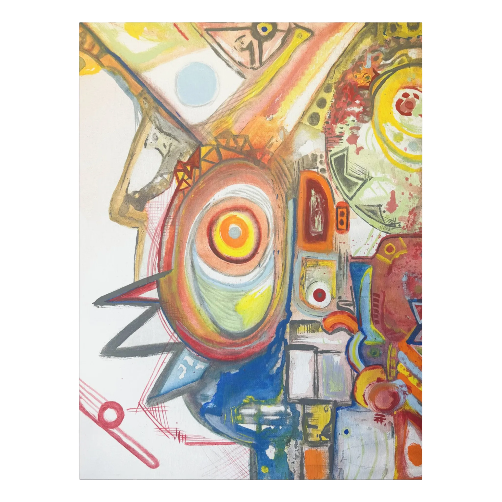 A front preview of the FREEBRD "Sky Man" contemporary abstract 36 x 48 canvas art with a 1.25 in thickness displaying primary shades of red, yellow blues and greens. 

