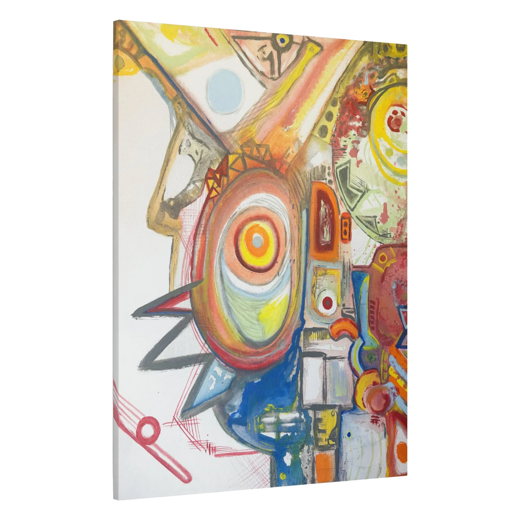 A side preview of the FREEBRD "Sky Man" contemporary abstract 36 x 48 canvas art with a 1.25 in thickness displaying primary shades of red, yellow blues and greens.