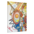 A side preview of the FREEBRD "Sky Man" contemporary abstract 36 x 48 canvas art with a 1.25 in thickness displaying primary shades of red, yellow blues and greens.