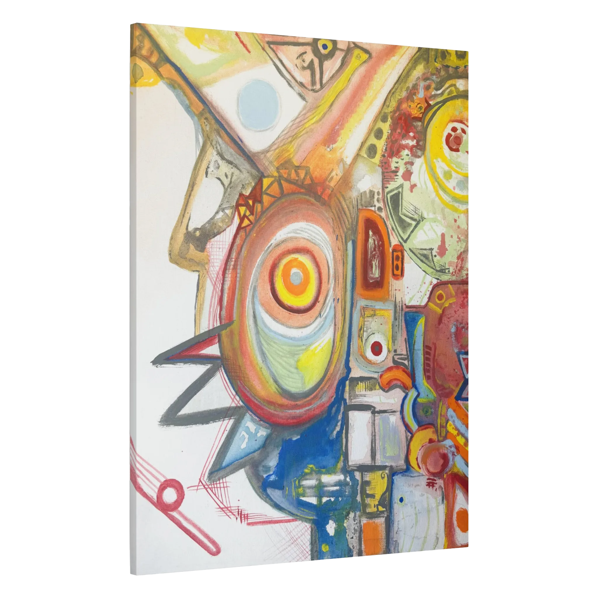 A side preview of the FREEBRD "Sky Man" contemporary abstract 36 x 48 canvas art with a 1.25 in thickness displaying primary shades of red, yellow blues and greens. 
