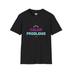 A front preview of the black t-shirt with 'solving color problems daily' text design in white, yellow, teal and magenta lettering on the chest.