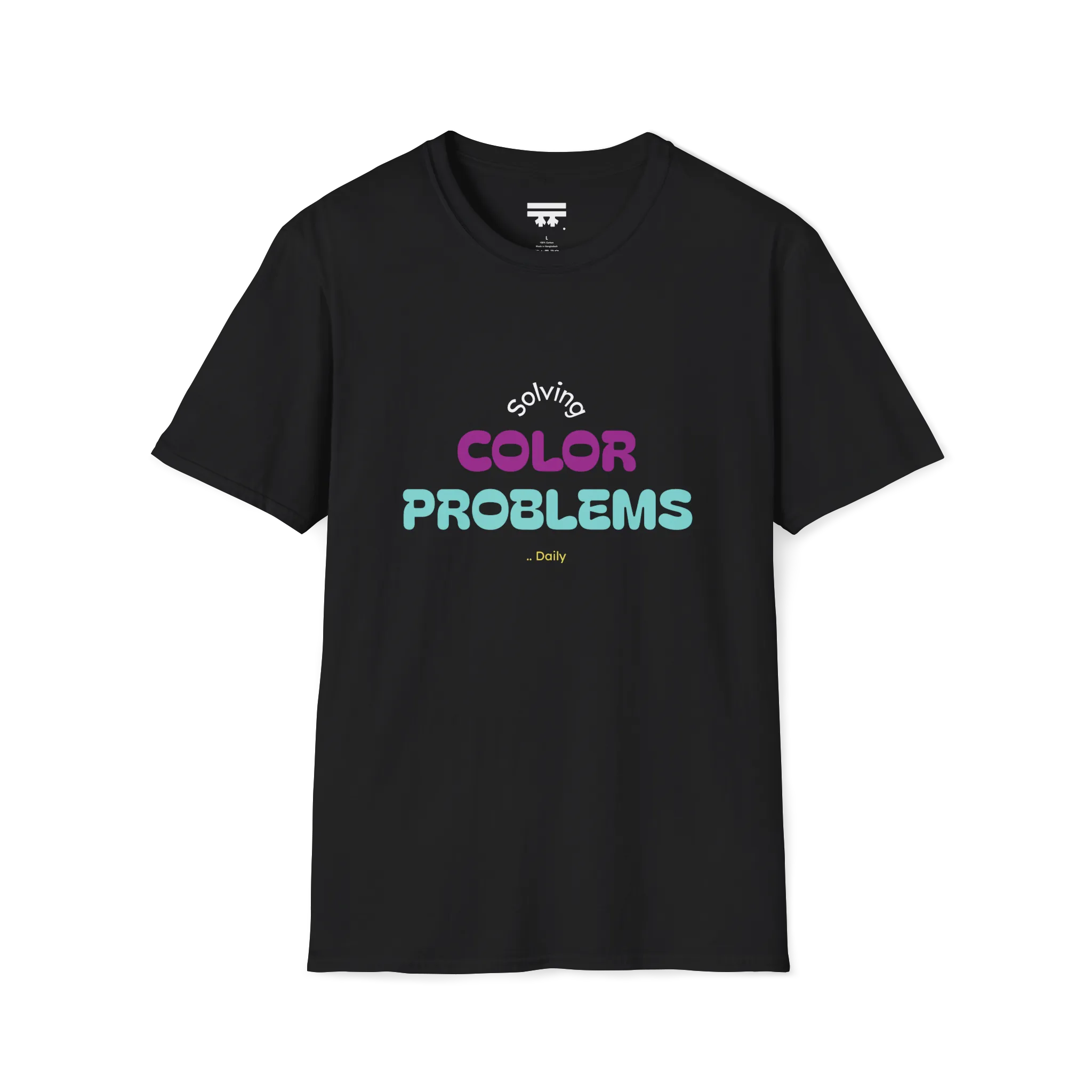 A front preview of the black t-shirt with 'solving color problems daily' text design in white, yellow, teal and magenta lettering on the chest.