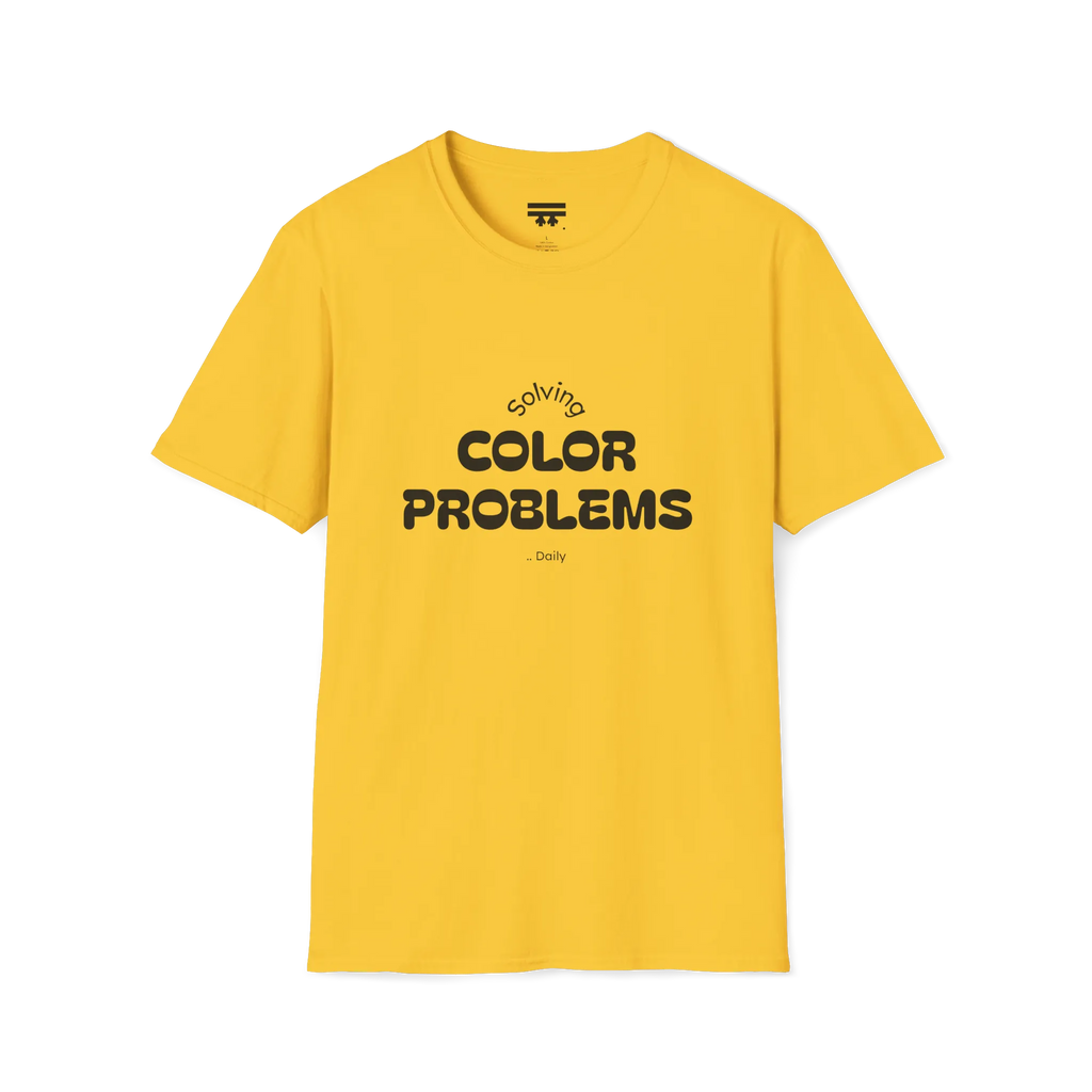 A front preview of the yellow daisy t-shirt with 'solving color problems daily’ black lettering text design on the chest.