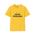 A front preview of the yellow daisy t-shirt with 'solving color problems daily’ black lettering text design on the chest.