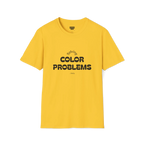 A front preview of the yellow daisy t-shirt with 'solving color problems daily’ black lettering text design on the chest.