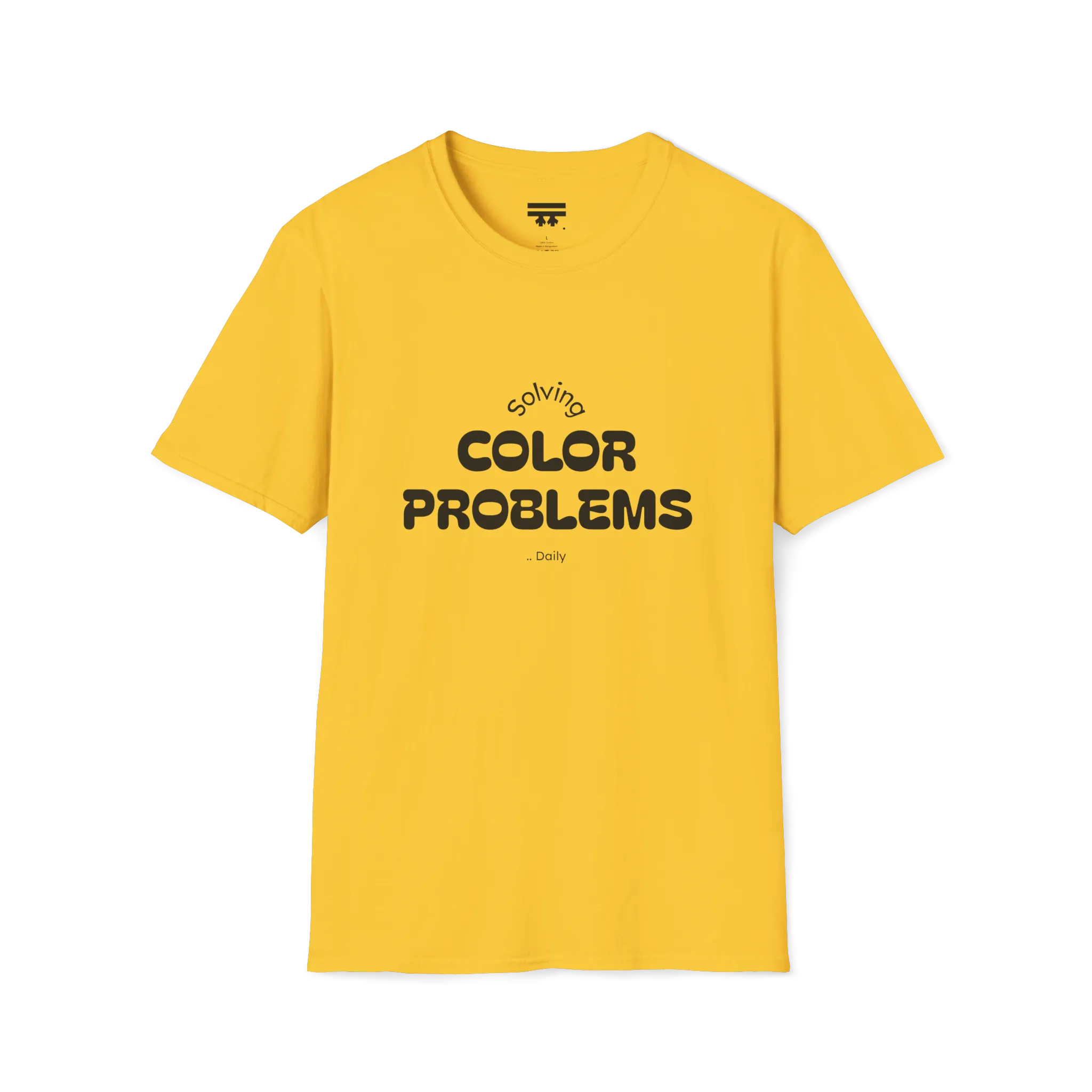 A front preview of the yellow daisy t-shirt with 'solving color problems daily’ black lettering text design on the chest.