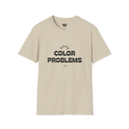 A front preview of the sand t-shirt with 'solving color problems daily' black lettering design on the chest.