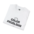 A folded preview of the white t-shirt with 'solving color problems daily' black lettering text design.