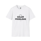 A front preview of the white t-shirt with 'solving color problems daily' black lettering text design on the chest.