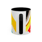 Freebrd Stripe Status 11oz coffee mug back view showing yellow and black brushstrokes with black C-handle and black interior.