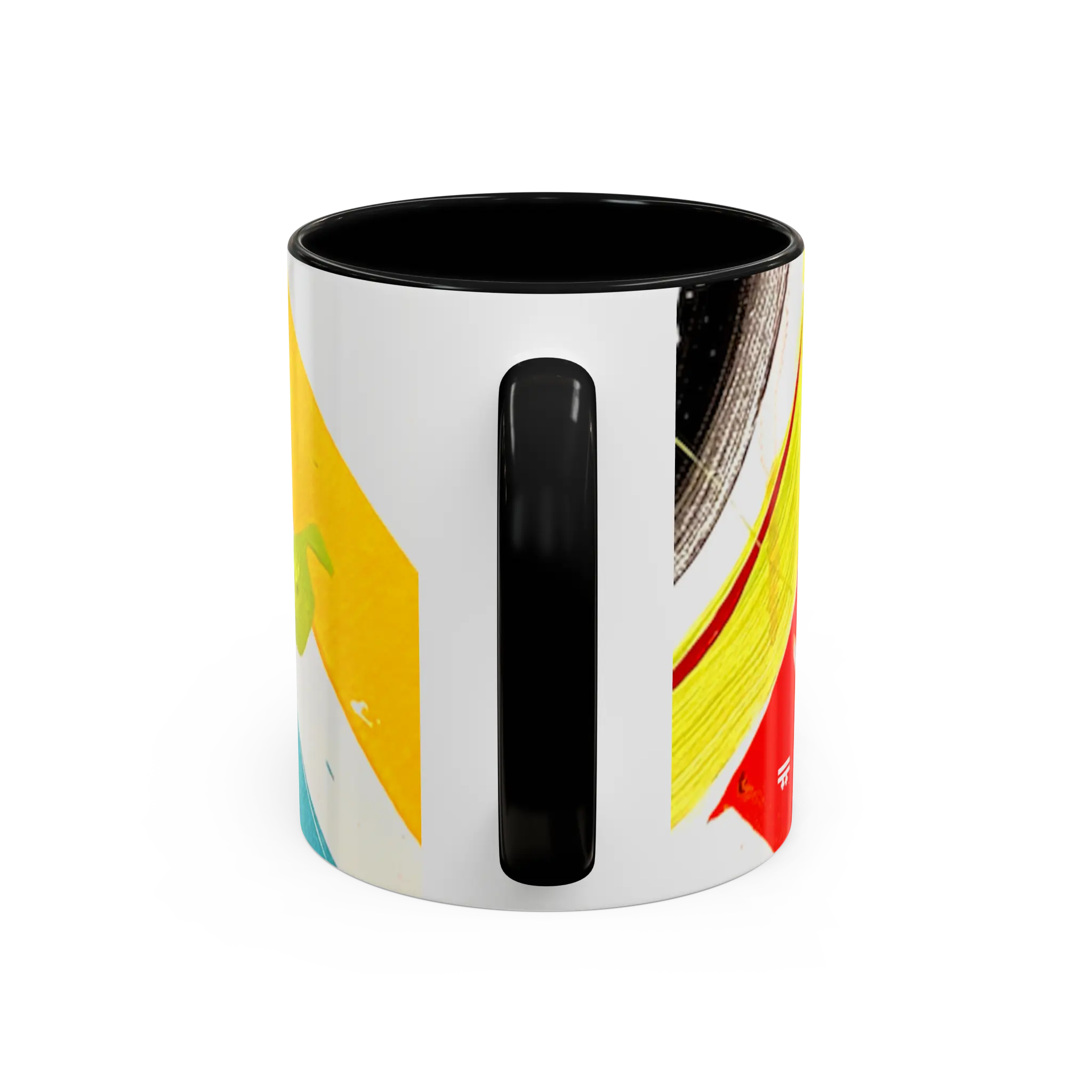 Freebrd Stripe Status 11oz coffee mug back view showing yellow and black brushstrokes with black C-handle and black interior.