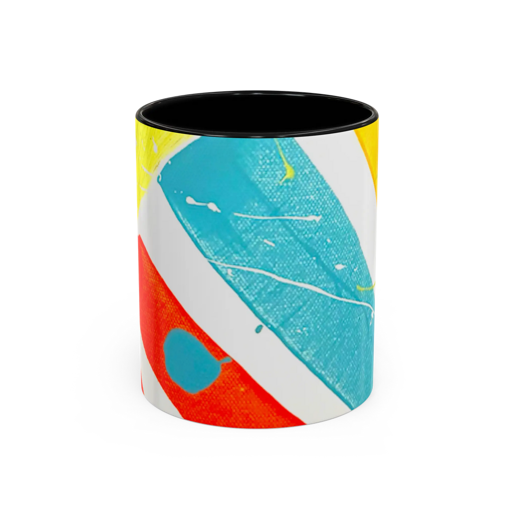 Freebrd Stripe Status 11oz coffee mug front view with bold teal red and yellow brushstroke stripe design and black interior.