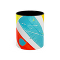 Freebrd Stripe Status 11oz coffee mug front view with bold teal red and yellow brushstroke stripe design and black interior.