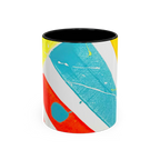 Freebrd Stripe Status 11oz coffee mug front view with bold teal red and yellow brushstroke stripe design and black interior.