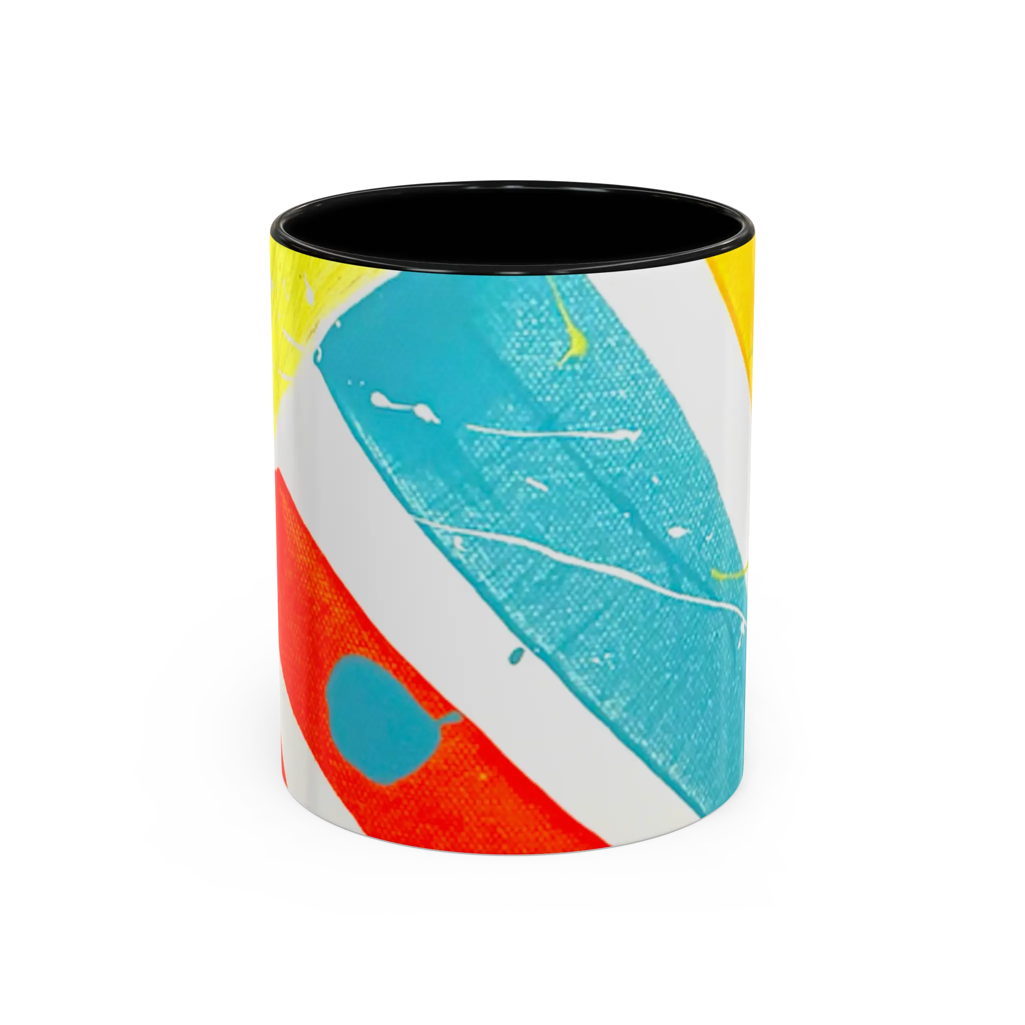 Freebrd Stripe Status 11oz coffee mug front view with bold teal red and yellow brushstroke stripe design and black interior.