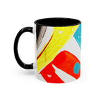 Freebrd Stripe Status 11oz coffee mug left side view with yellow red and black brushstrokes teal and white paint splashes and black interior.