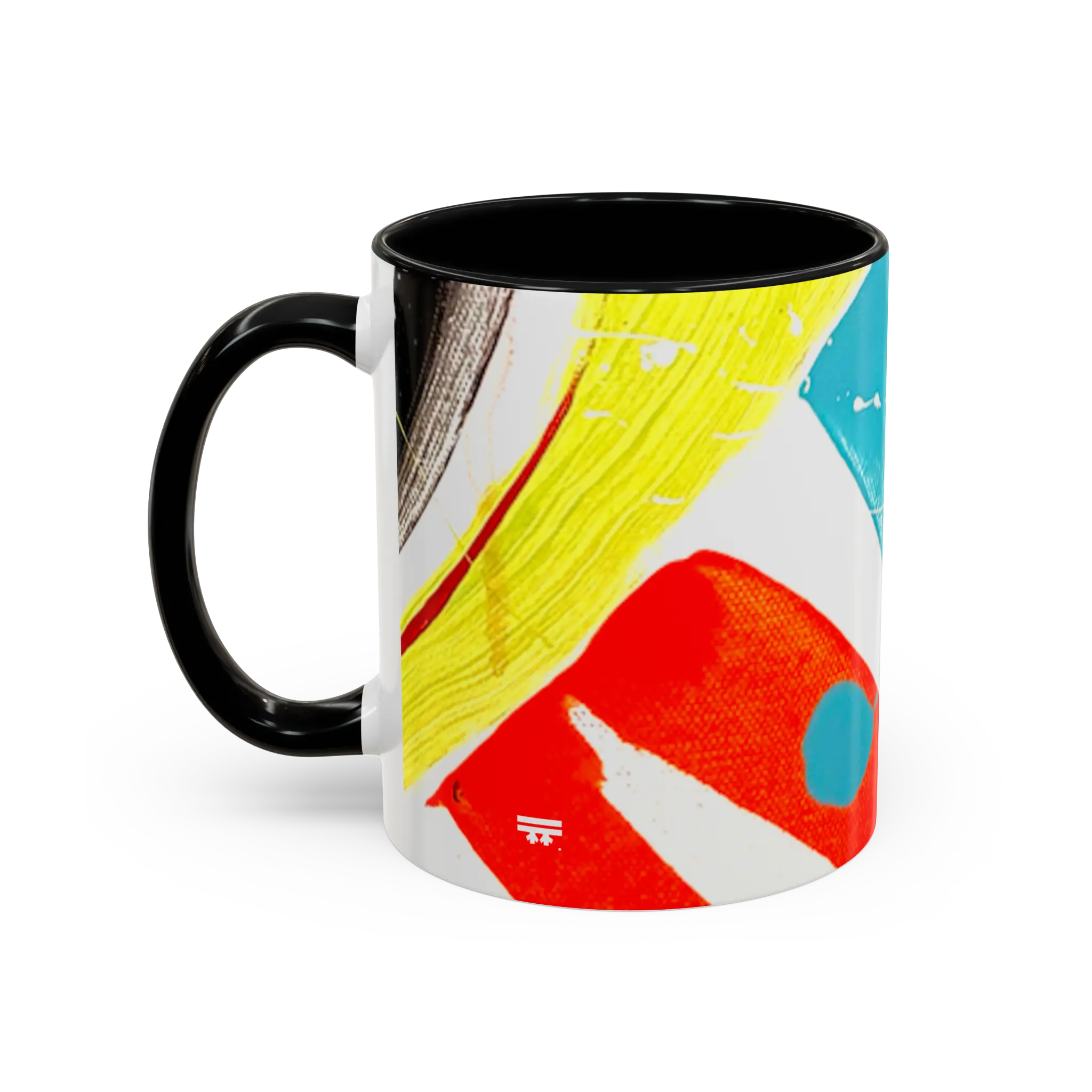 Freebrd Stripe Status 11oz coffee mug left side view with yellow red and black brushstrokes teal and white paint splashes and black interior.