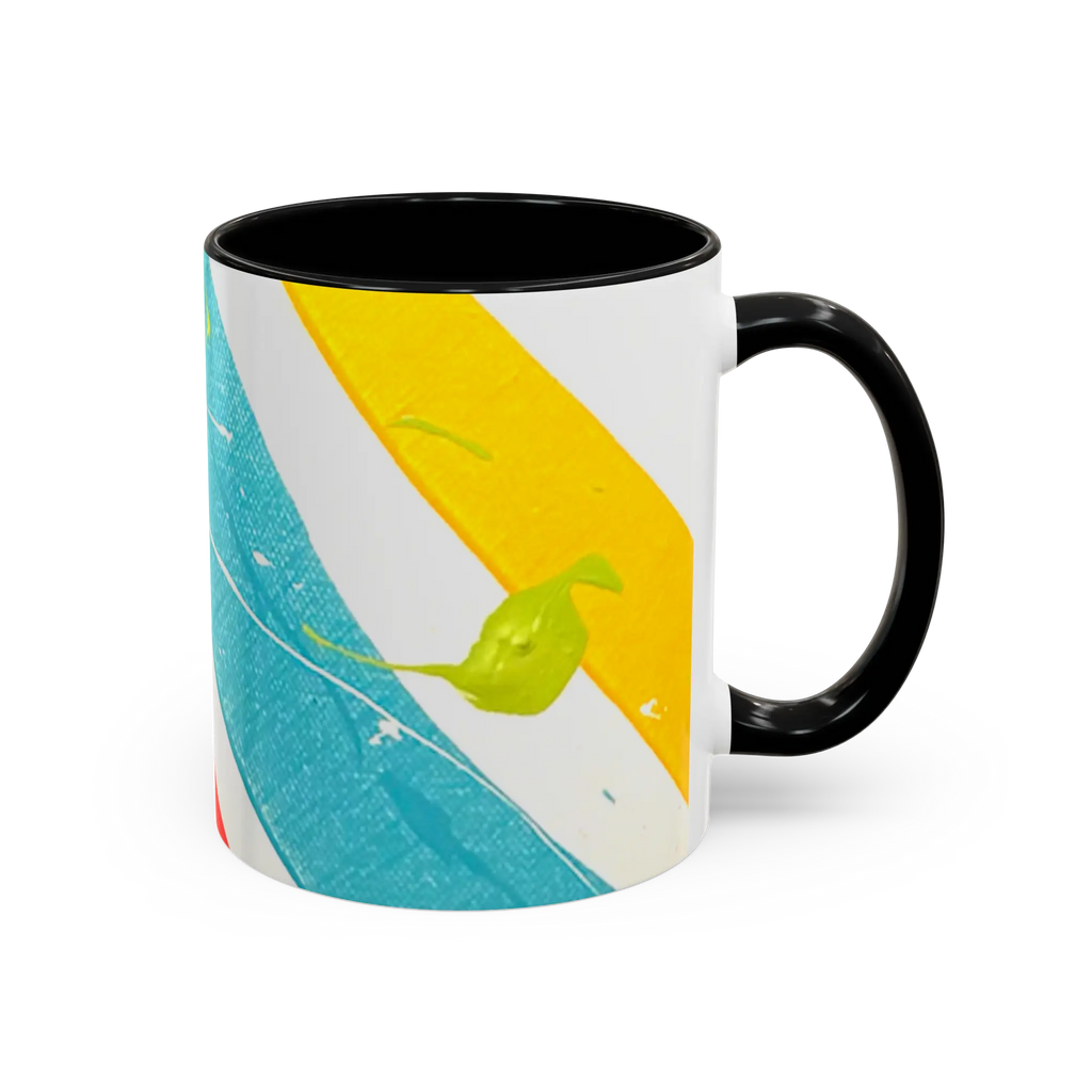 Freebrd Stripe Status 11oz coffee mug right side view showing green and white paint splash texture with yellow and teal brushstrokes and black interior.