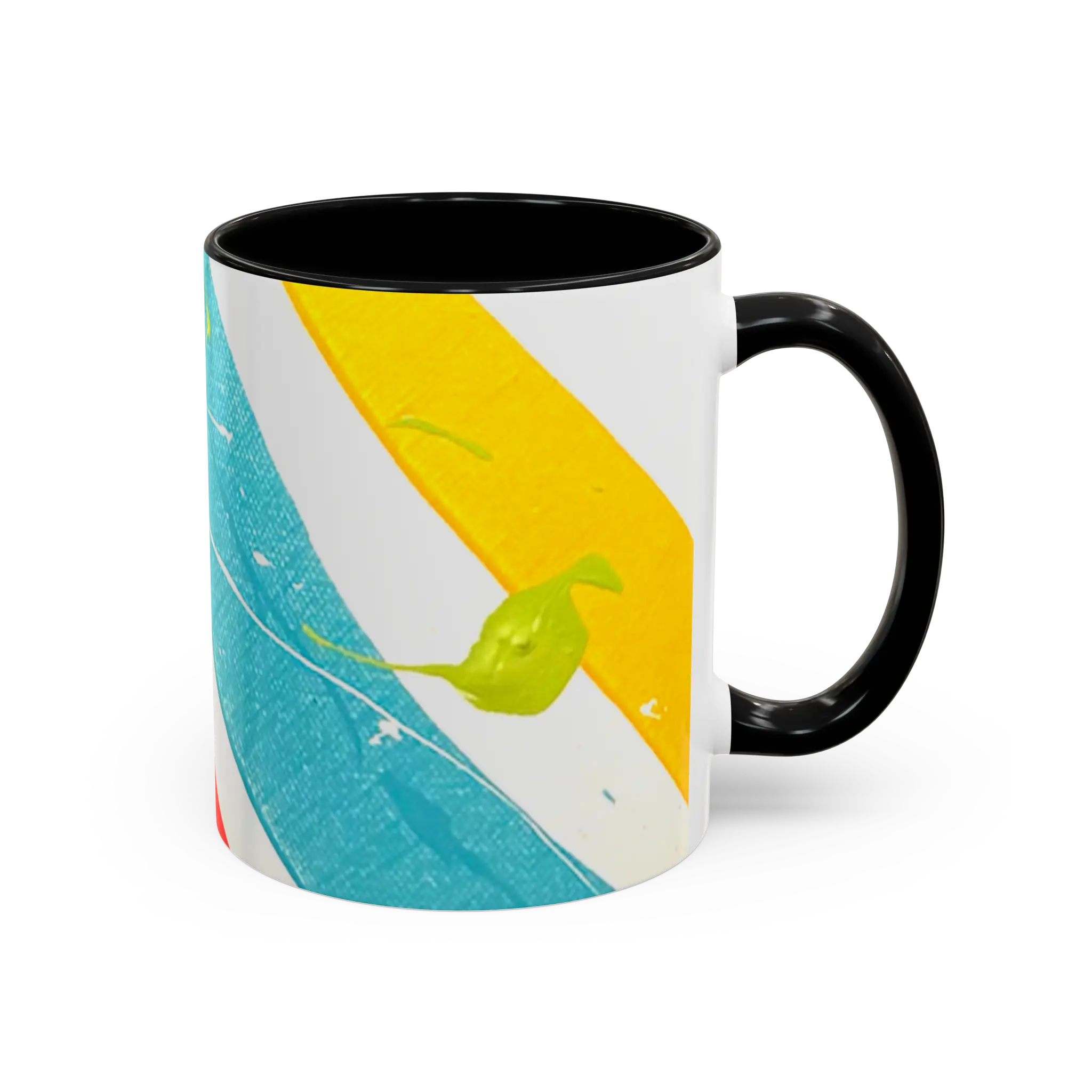 Freebrd Stripe Status 11oz coffee mug right side view showing green and white paint splash texture with yellow and teal brushstrokes and black interior.
