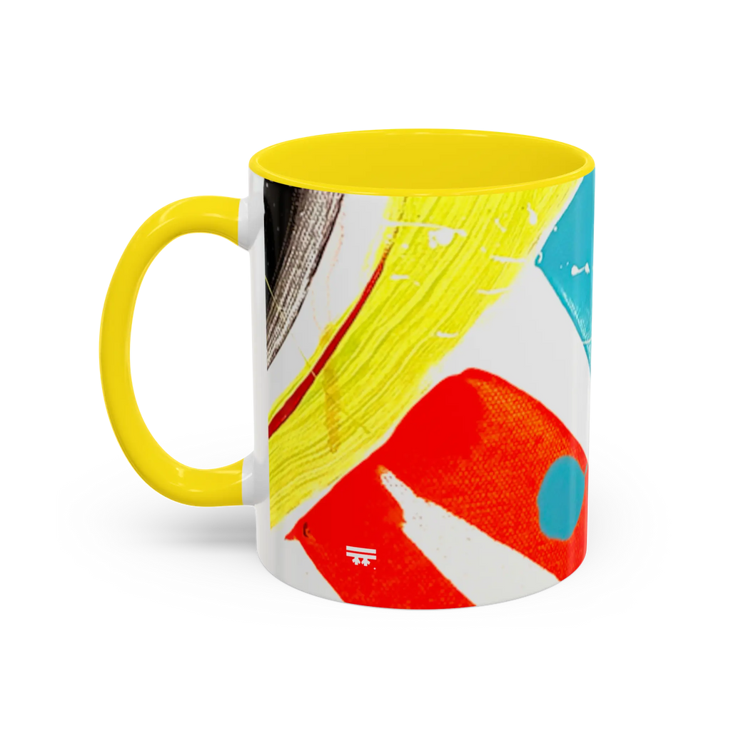 Freebrd Stripe Status 11oz coffee mug left side view with black red and teal brushstrokes teal paint splash and yellow C-handle with yellow interior.