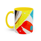 Freebrd Stripe Status 11oz coffee mug left side view with black red and teal brushstrokes teal paint splash and yellow C-handle with yellow interior.