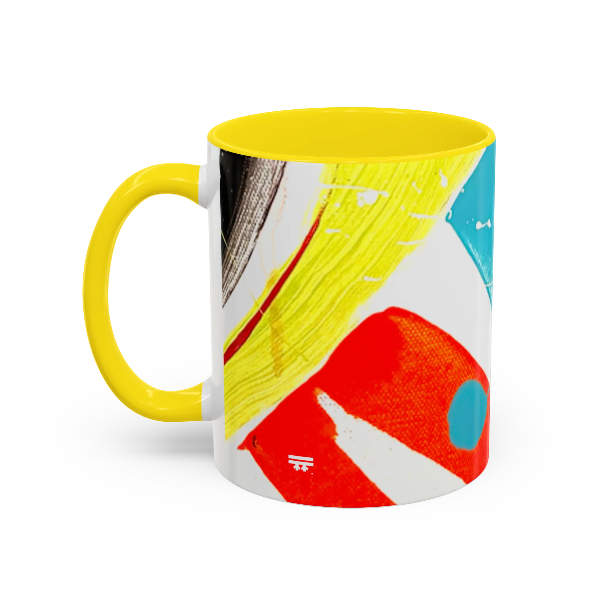 Freebrd Stripe Status 11oz coffee mug left side view with black red and teal brushstrokes teal paint splash and yellow C-handle with yellow interior.