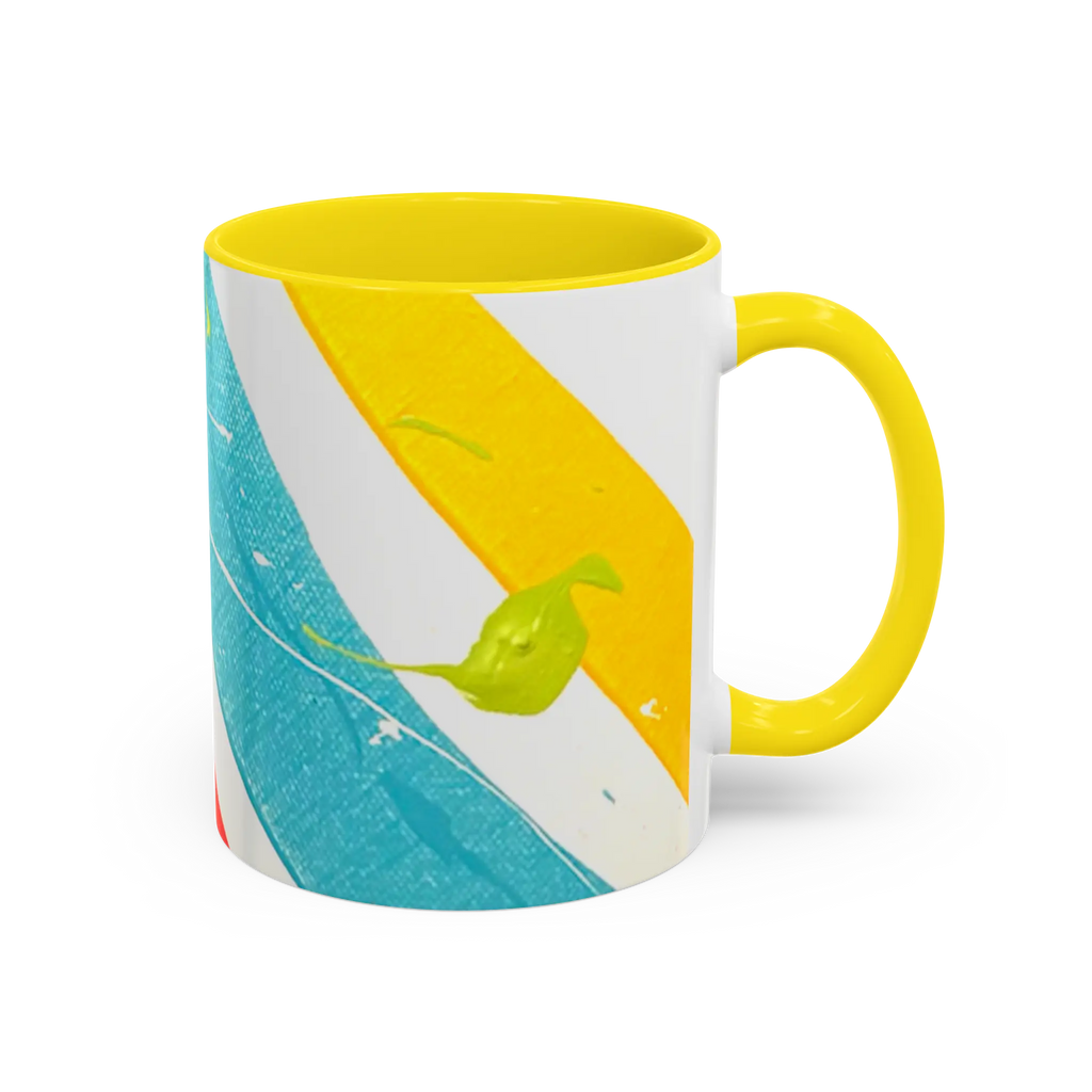 Freebrd Stripe Status 11oz coffee mug right side view with teal and yellow stripe design green paint splashes and yellow C-handle with yellow interior.