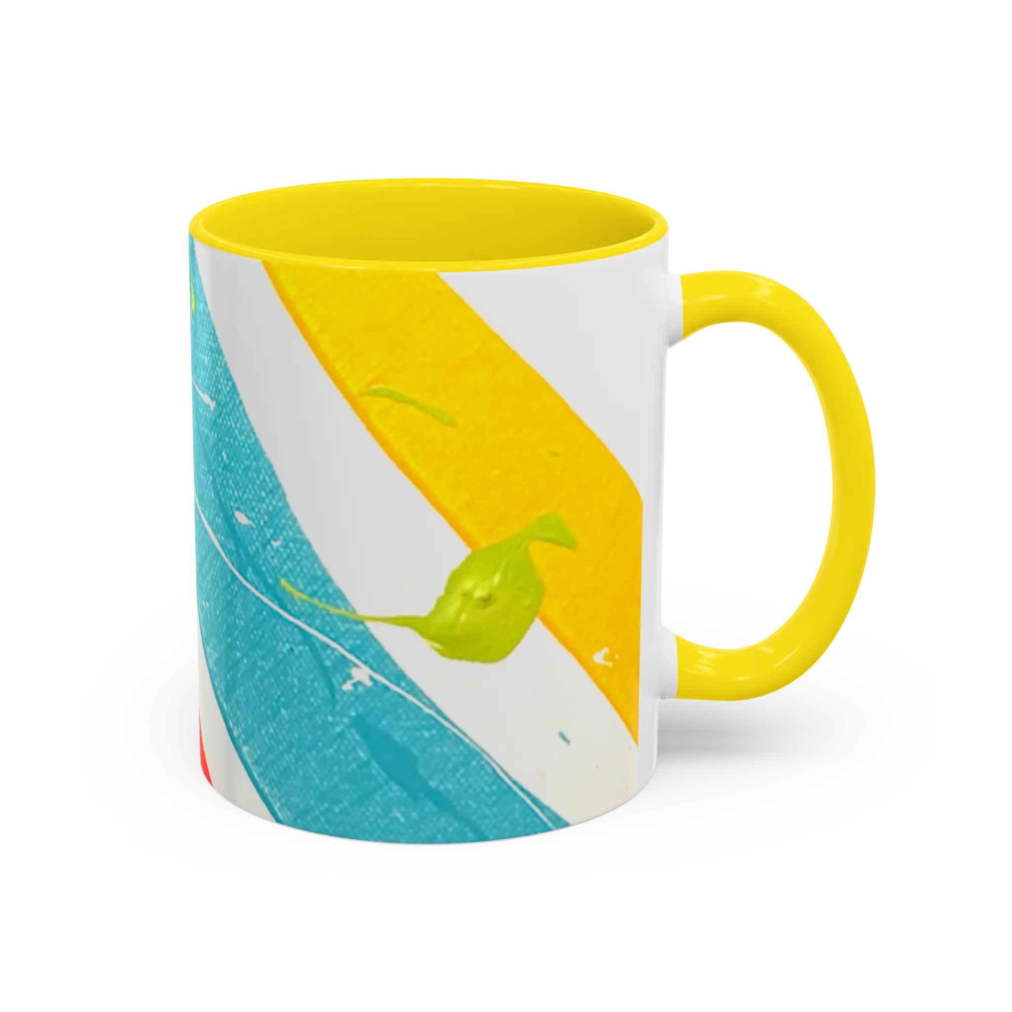 Freebrd Stripe Status 11oz coffee mug right side view with teal and yellow stripe design green paint splashes and yellow C-handle with yellow interior.