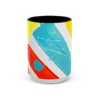 Freebrd Stripe Status 15oz coffee mug front view with bold teal red and yellow brushstroke stripe design white and teal color splashes and black interior.