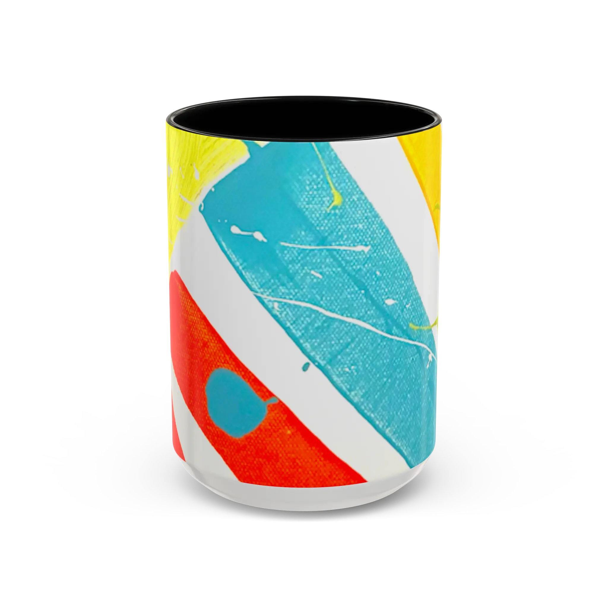 Freebrd Stripe Status 15oz coffee mug front view with bold teal red and yellow brushstroke stripe design white and teal color splashes and black interior.