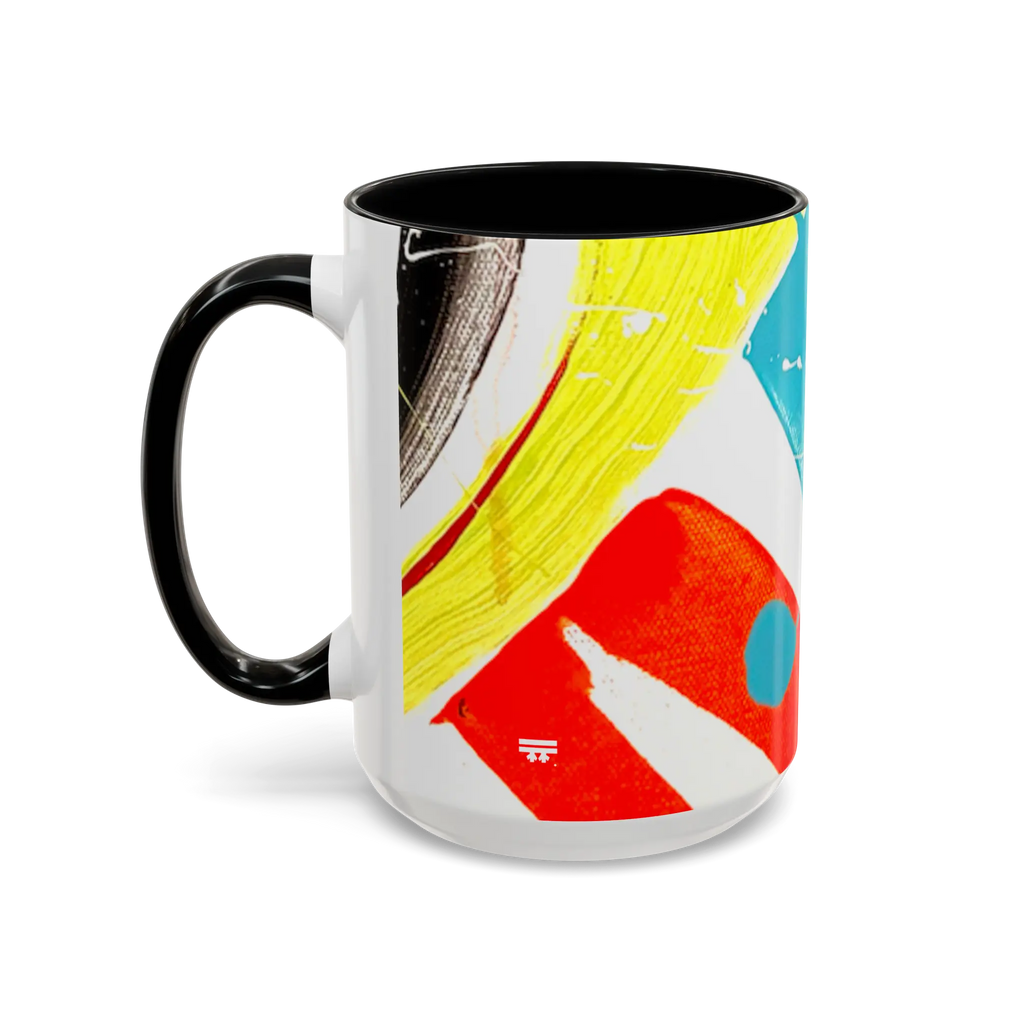 Freebrd Stripe Status 15oz coffee mug left side view with black yellow teal and red brushstrokes teal and white color splashes and black interior.