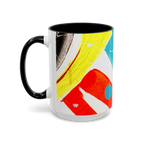 Freebrd Stripe Status 15oz coffee mug left side view with black yellow teal and red brushstrokes teal and white color splashes and black interior.