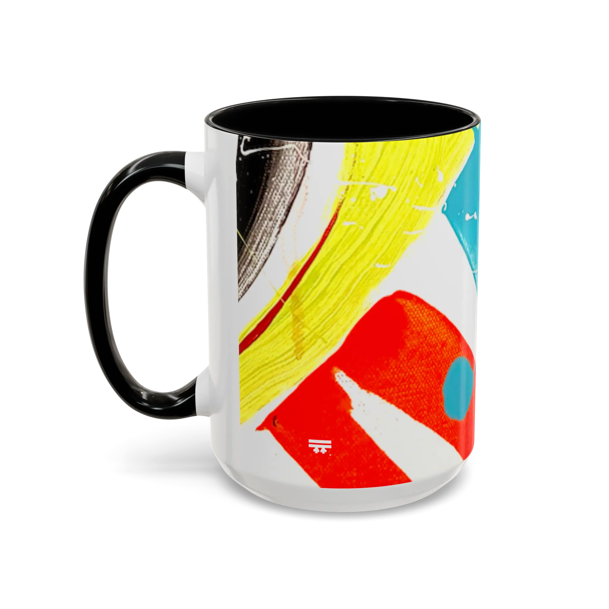 Freebrd Stripe Status 15oz coffee mug left side view with black yellow teal and red brushstrokes teal and white color splashes and black interior.