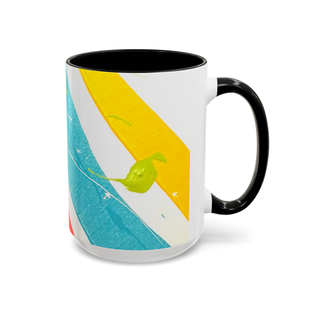 Freebrd Stripe Status 15oz coffee mug right side view with green color splashes yellow and teal brushstrokes and black interior and black C-handle.